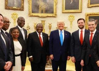 South African officials joined President Cyril Ramaphosa at the bilateral meeting with US President Donald Trump at the White House, from left: Minister of Agriculture John Steenhuisen, Trade, Industry and Competition Minister Parks Tau, Minister in The Presidency Khumbudzo Ntshavheni, International Relations Minister Ronald Lamola, US Vice-President JD Vance.