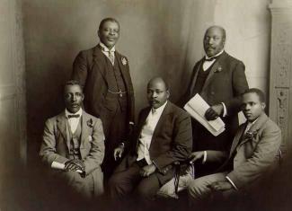 Saul Msane (back right) with (L-R) Walter Rubusana, Thomas Mapikela, John Dube, and Sol Plaatje, members of the South African Native National Congress in 1914.