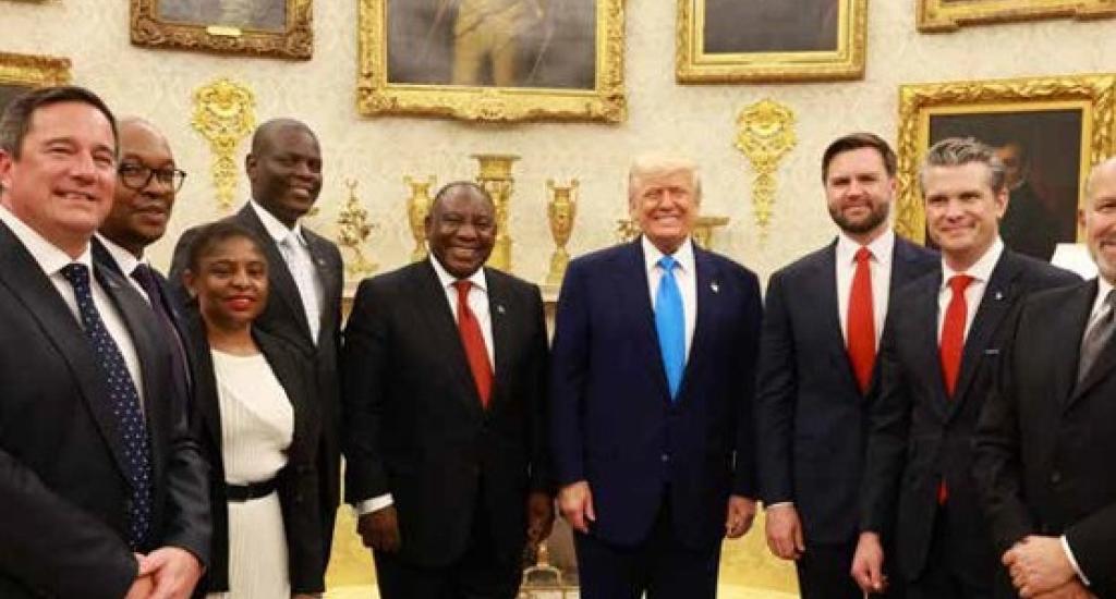 South African officials joined President Cyril Ramaphosa at the bilateral meeting with US President Donald Trump at the White House, from left: Minister of Agriculture John Steenhuisen, Trade, Industry and Competition Minister Parks Tau, Minister in The Presidency Khumbudzo Ntshavheni, International Relations Minister Ronald Lamola, US Vice-President JD Vance.