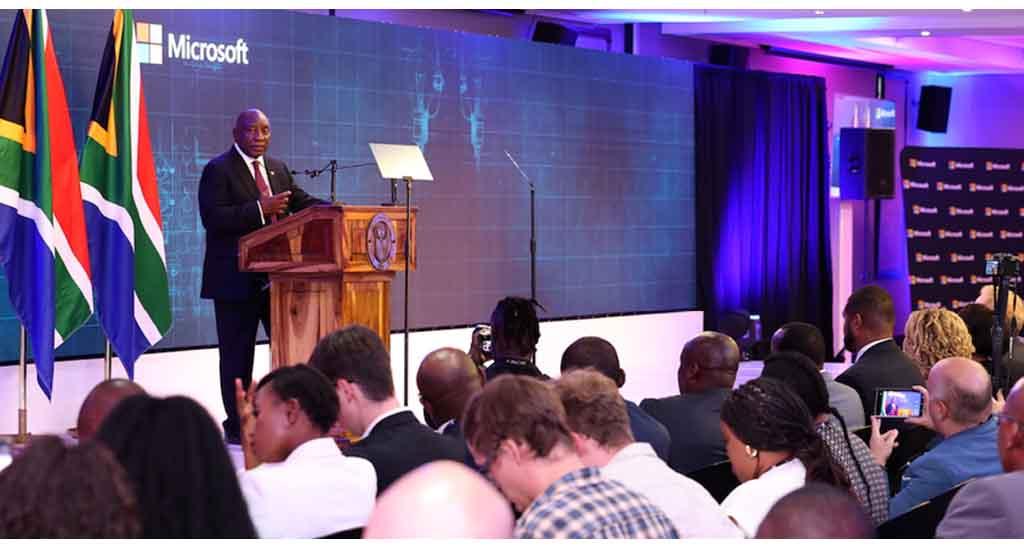 President Cyril Ramaphosa addressing Microsoft South Africa's Investment Launch of R5.4bn to expand its cloud and AI infrastructure in South Africa in March 2025.