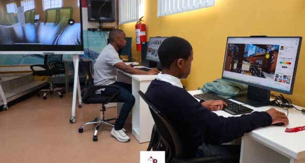 Learners make use of facilities at the Mpofana Innovation & Digital Hub in Bruntville Library, Mooi River