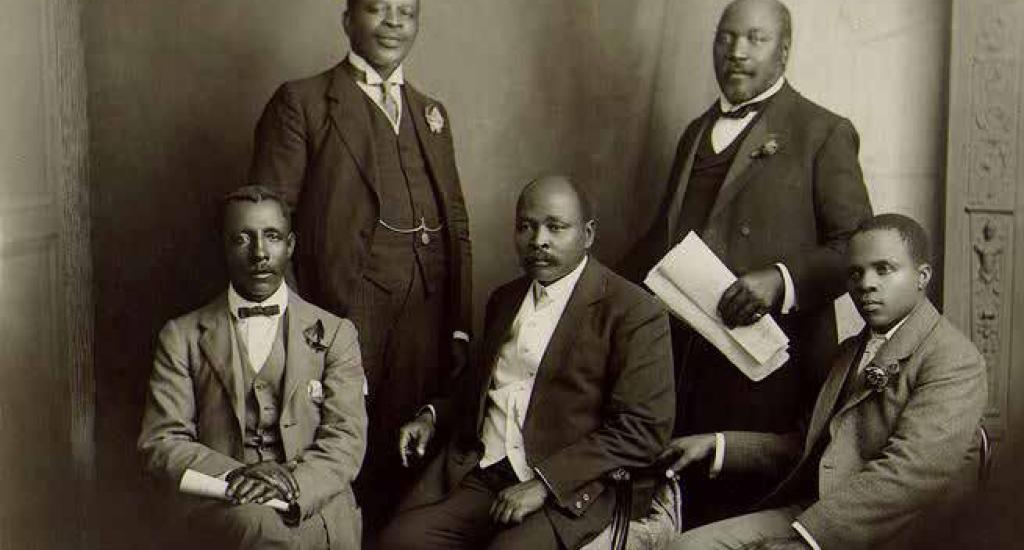 Saul Msane (back right) with (L-R) Walter Rubusana, Thomas Mapikela, John Dube, and Sol Plaatje, members of the South African Native National Congress in 1914.